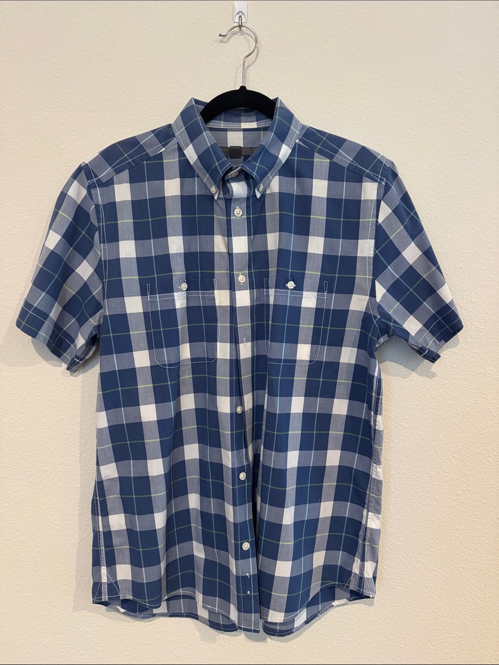 Old Navy Blue and White Plaid Short-Sleeve Button-Down Shirt